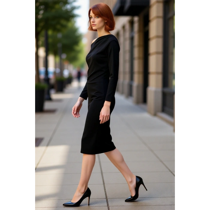 Kadın Midi Boy Asimetrik Kayık Yaka Bodycon Uzun Kollu Scuba Krep Örme Elbise Şık Kışlık Giyim