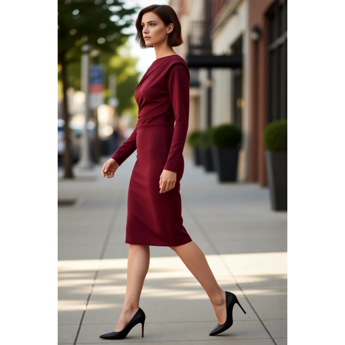 Kadın Midi Boy Asimetrik Kayık Yaka Bodycon Uzun Kollu Scuba Krep Örme Elbise Şık Kışlık Giyim