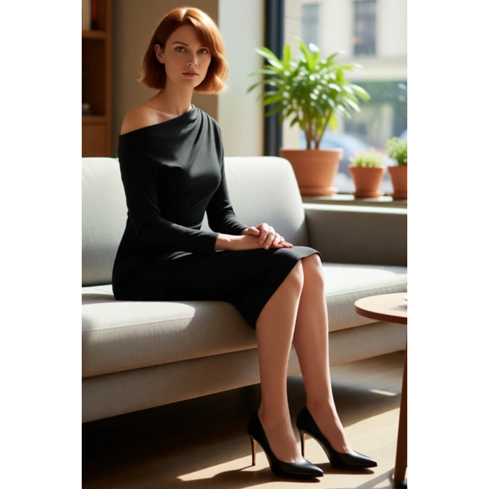 Kadın Midi Boy Asimetrik Kayık Yaka Bodycon Uzun Kollu Scuba Krep Örme Elbise Şık Kışlık Giyim