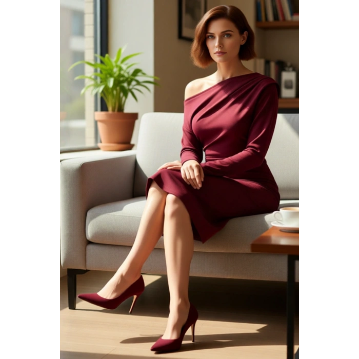 Kadın Midi Boy Asimetrik Kayık Yaka Bodycon Uzun Kollu Scuba Krep Örme Elbise Şık Kışlık Giyim