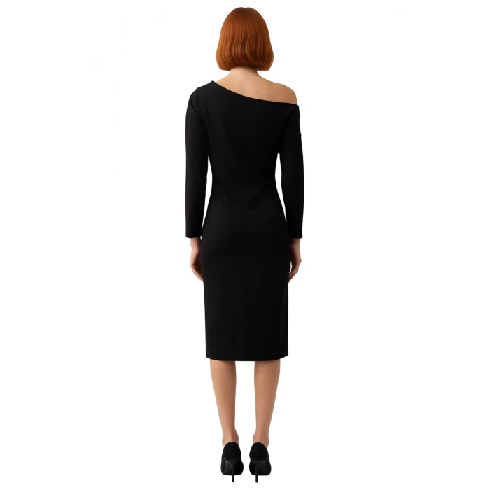 Kadın Midi Boy Asimetrik Kayık Yaka Bodycon Uzun Kollu Scuba Krep Örme Elbise Şık Kışlık Giyim