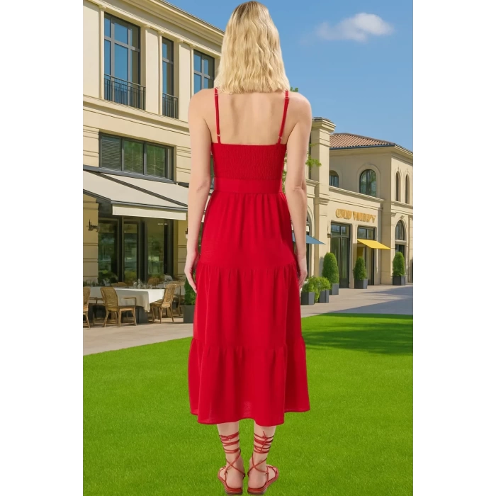 Kadın Midi Boy Askılı Pileli Bel Kemerli Polyester Günlük Elbise Profesyonel Görünüm Özenle Seçilmiş