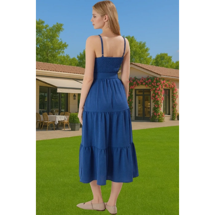 Kadın Midi Boy Askılı Pileli Bel Kemerli Polyester Günlük Elbise Profesyonel Görünüm Özenle Seçilmiş