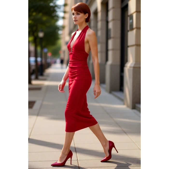 Kadın Midi Boy Bodycon Kalıp Boyundan Bağlamalı Kolsuz Örme Elbise Şık Aksesuar Detayları Sunar