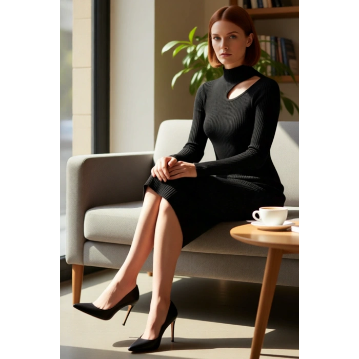 Kadın Midi Boy Bodycon Triko Elbise Fitilli Dokuma Dik Yaka Cut Out Detaylı Şık Uzun Kol Kaliteli