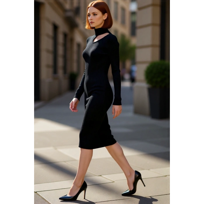 Kadın Midi Boy Bodycon Triko Elbise Fitilli Dokuma Dik Yaka Cut Out Detaylı Şık Uzun Kol Kaliteli