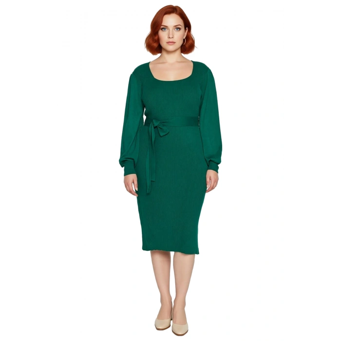 Kadın Midi Boy Bodycon Triko Elbise Kare Yaka Balon Kol Kuşaklı Fitilli Şık Kışlık Tasarım