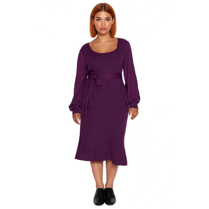 Kadın Midi Boy Bodycon Triko Elbise Kare Yaka Balon Kol Kuşaklı Fitilli Şık Kışlık Tasarım