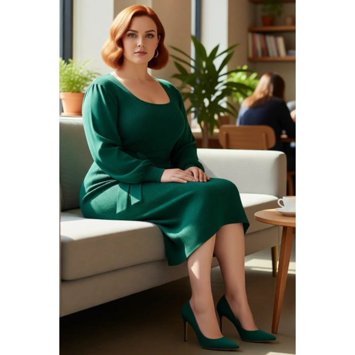 Kadın Midi Boy Bodycon Triko Elbise Kare Yaka Balon Kol Kuşaklı Fitilli Şık Kışlık Tasarım