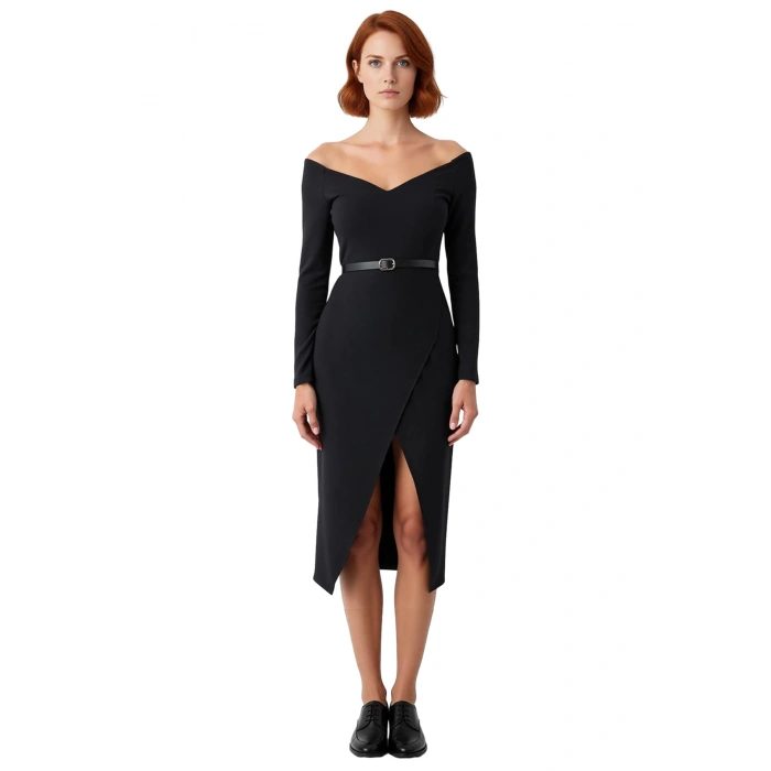 Kadın Midi Boy Carmen Yaka Bodycon Elbise Kemerli Uzun Standart Kollu Dokuma Şık Tasarım Kaliteli