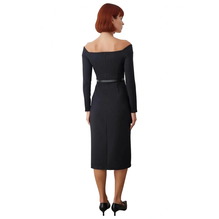 Kadın Midi Boy Carmen Yaka Bodycon Elbise Kemerli Uzun Standart Kollu Dokuma Şık Tasarım Kaliteli