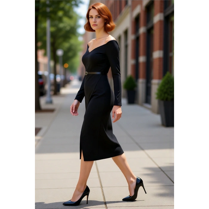 Kadın Midi Boy Carmen Yaka Bodycon Elbise Kemerli Uzun Standart Kollu Dokuma Şık Tasarım Kaliteli