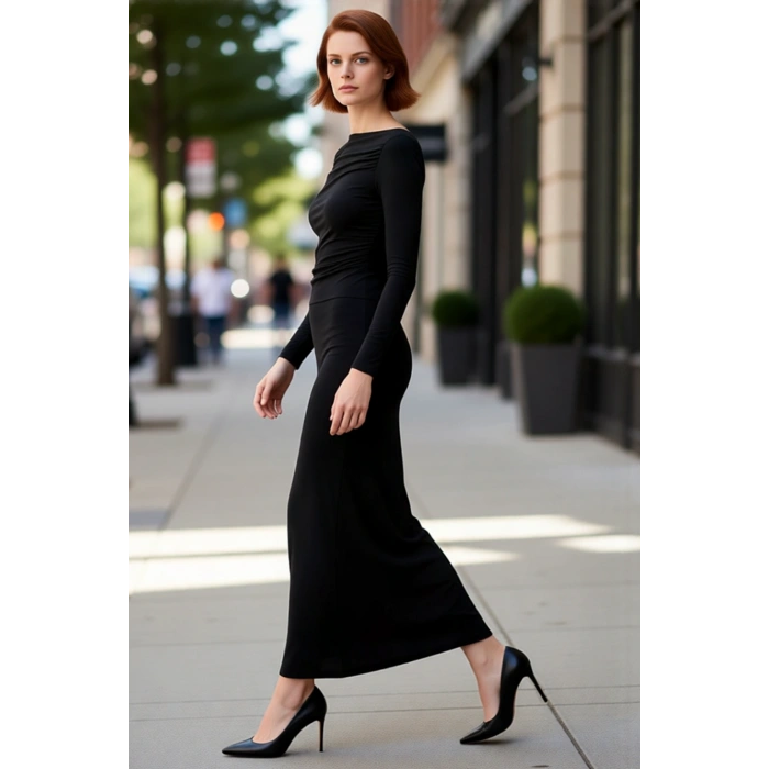 Kadın Midi Boy Kayık Yaka Bodycon Elbise Standart Kollu Büzgülü Düz Örme Kumaş Her Ortama Uygun