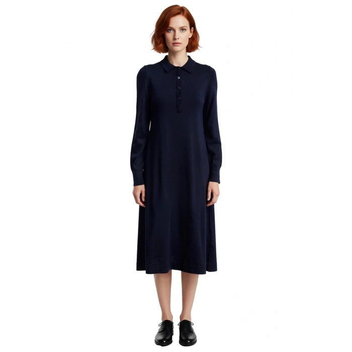 Kadın Midi Boy Polo Yaka Triko Uzun Kollu Shift Kalıp Elbise Modern ve Zarif Görünüm Sunar