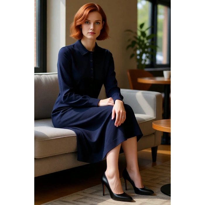 Kadın Midi Boy Polo Yaka Triko Uzun Kollu Shift Kalıp Elbise Modern ve Zarif Görünüm Sunar