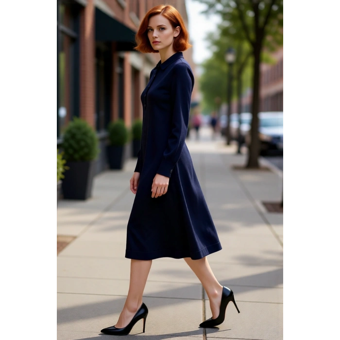 Kadın Midi Boy Polo Yaka Triko Uzun Kollu Shift Kalıp Elbise Modern ve Zarif Görünüm Sunar