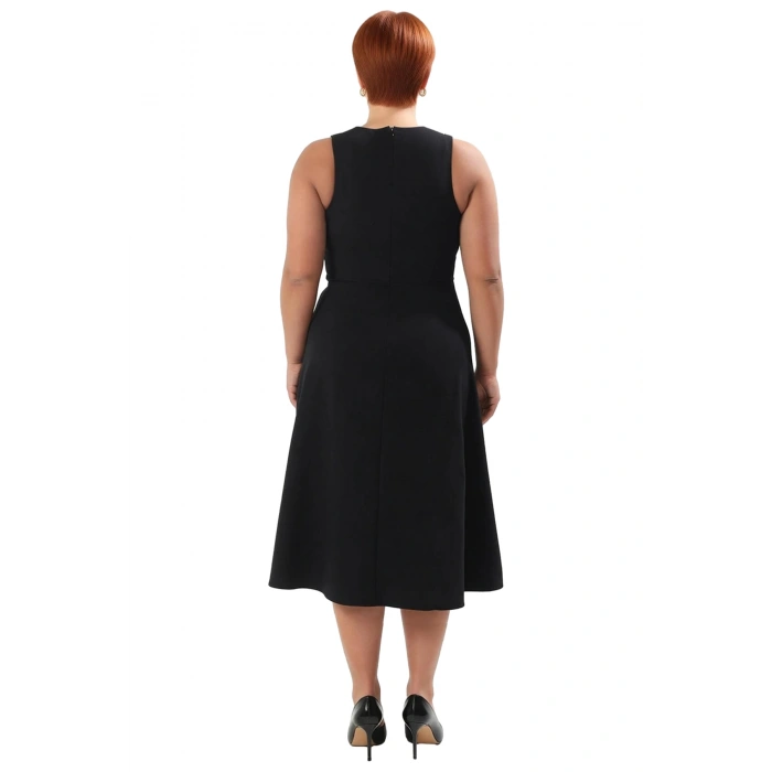 Kadın Midi Boy Siyah A Line Kesim Kolsuz Büyük Beden Abiye Elbise Dokuma Kumaş Özel Davetler İçin