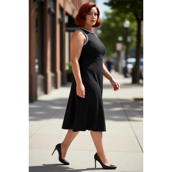 Kadın Midi Boy Siyah A Line Kesim Kolsuz Büyük Beden Abiye Elbise Dokuma Kumaş Özel Davetler İçin