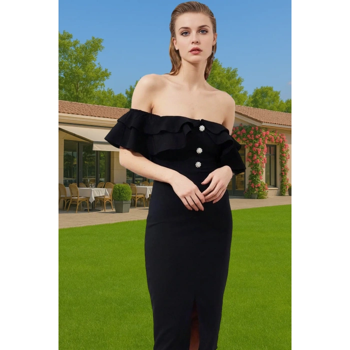 Kadın Midi Boy Siyah Taş Detaylı Dokuma Abiye Elbise Uzun Ömürlü Şık Görünüm Modern Stil Modern Stil