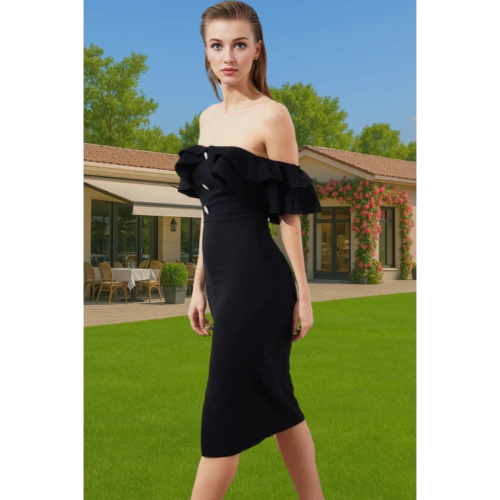 Kadın Midi Boy Siyah Taş Detaylı Dokuma Abiye Elbise Uzun Ömürlü Şık Görünüm Modern Stil Modern Stil