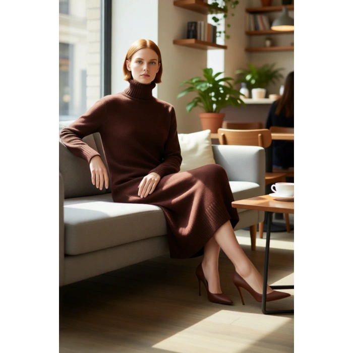 Kadın Midi Boy Triko Elbise Balıkçı Yaka Düz Desen Soğuk Havalar İçin Şık ve Rahat Seçim Kaliteli