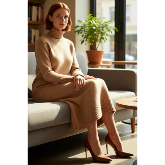 Kadın Midi Boy Triko Elbise Balıkçı Yaka Düz Desen Soğuk Havalar İçin Şık ve Rahat Seçim Kaliteli