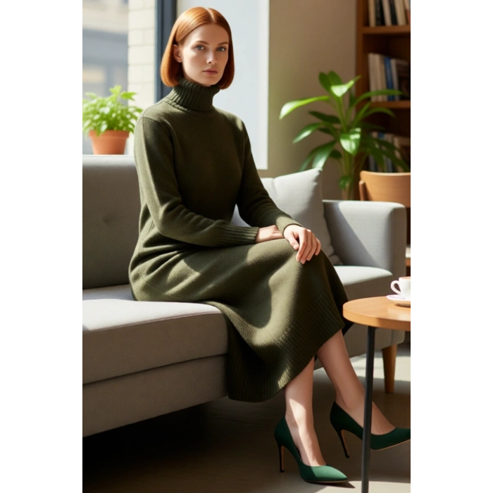 Kadın Midi Boy Triko Elbise Balıkçı Yaka Düz Desen Soğuk Havalar İçin Şık ve Rahat Seçim Kaliteli