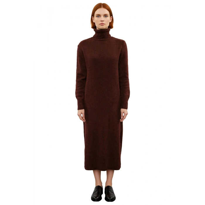 Kadın Midi Boy Triko Elbise Balıkçı Yaka Düz Desen Soğuk Havalar İçin Şık ve Rahat Seçim Kaliteli