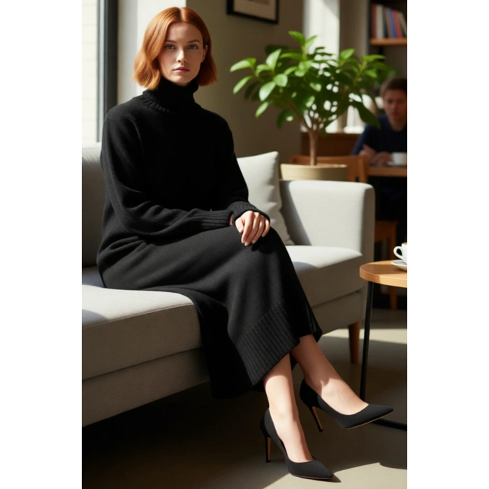 Kadın Midi Boy Triko Elbise Balıkçı Yaka Düz Desen Soğuk Havalar İçin Şık ve Rahat Seçim Kaliteli