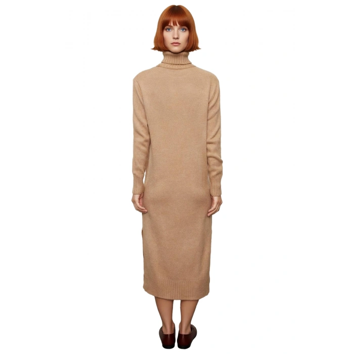 Kadın Midi Boy Triko Elbise Balıkçı Yaka Düz Desen Soğuk Havalar İçin Şık ve Rahat Seçim Kaliteli