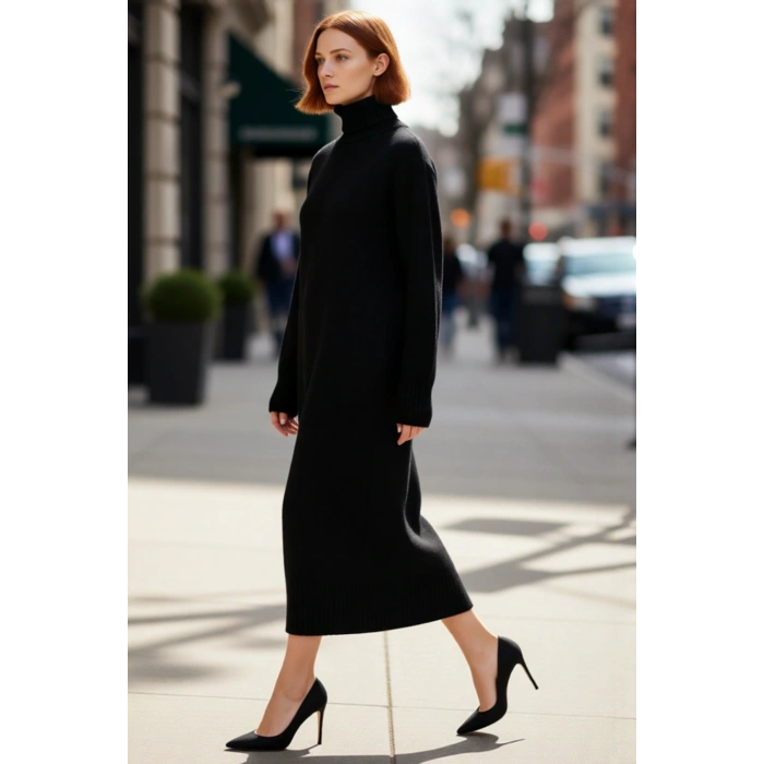 Kadın Midi Boy Triko Elbise Balıkçı Yaka Düz Desen Soğuk Havalar İçin Şık ve Rahat Seçim Kaliteli