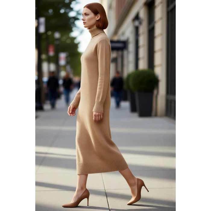 Kadın Midi Boy Triko Elbise Balıkçı Yaka Düz Desen Soğuk Havalar İçin Şık ve Rahat Seçim Kaliteli