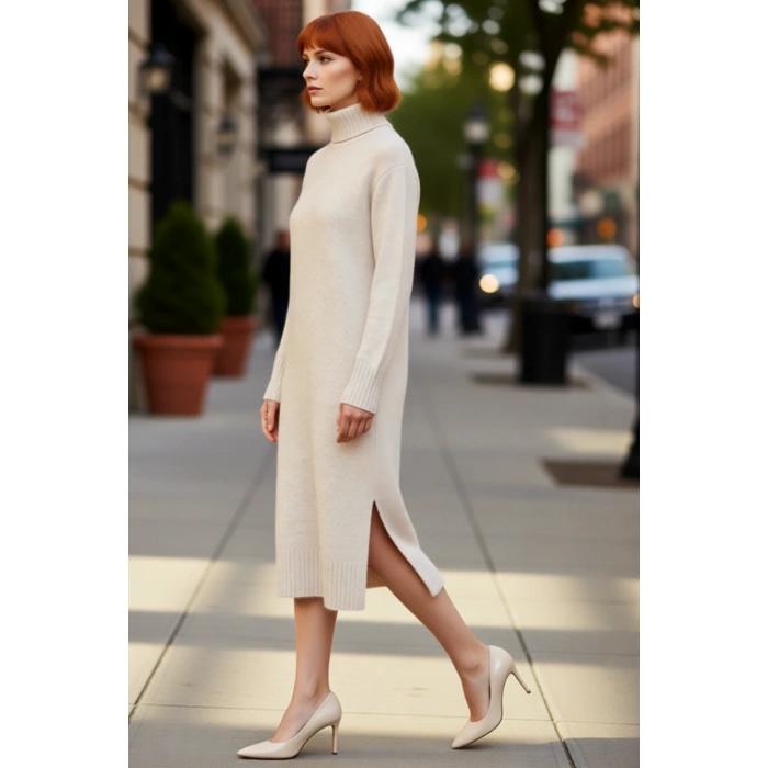 Kadın Midi Boy Triko Elbise Balıkçı Yaka Düz Desen Soğuk Havalar İçin Şık ve Rahat Seçim Kaliteli