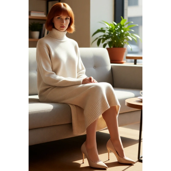 Kadın Midi Boy Triko Elbise Balıkçı Yaka Düz Desen Soğuk Havalar İçin Şık ve Rahat Seçim Kaliteli