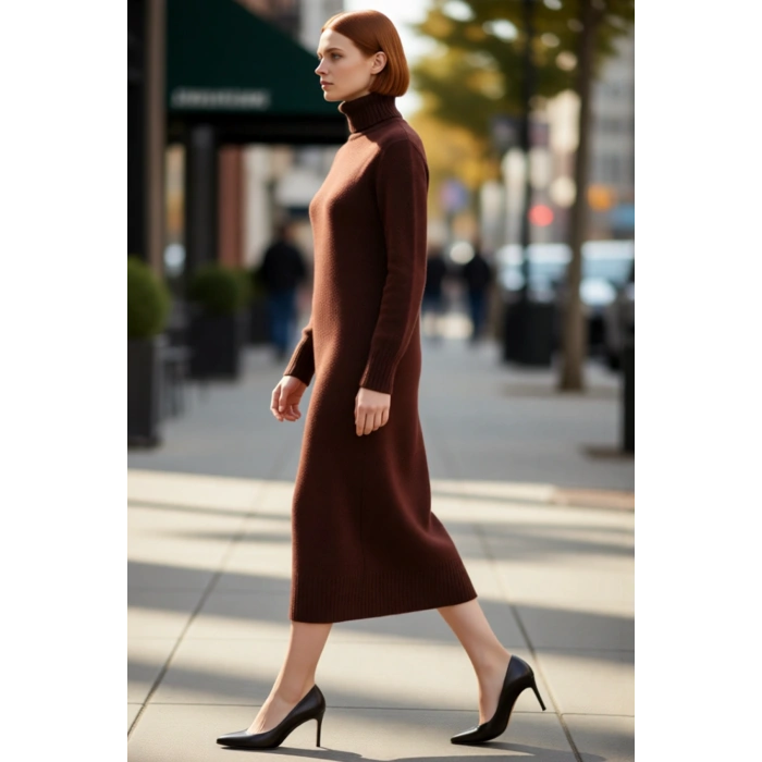 Kadın Midi Boy Triko Elbise Balıkçı Yaka Düz Desen Soğuk Havalar İçin Şık ve Rahat Seçim Kaliteli