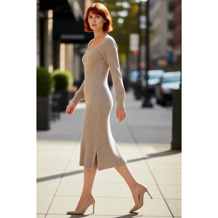Kadın Midi Kalp Yaka Uzun Kollu Fitilli Triko Elbise A line Kalıbı İle Şık Kış Kombinlerinin