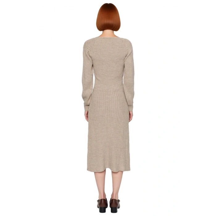 Kadın Midi Kalp Yaka Uzun Kollu Fitilli Triko Elbise A line Kalıbı İle Şık Kış Kombinlerinin