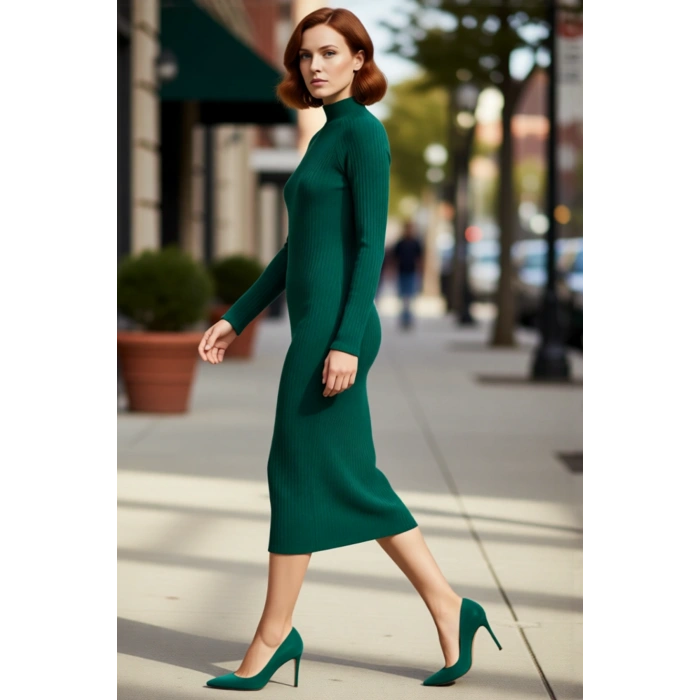 Kadın Midi Örme Elbise Bodycon Kalıbı Dik Yaka Uzun Standart Kol Yırtmaç Detaylı Düz Tasarım Kış