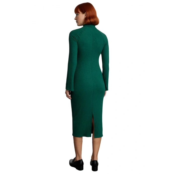 Kadın Midi Örme Elbise Bodycon Kalıbı Dik Yaka Uzun Standart Kol Yırtmaç Detaylı Düz Tasarım Kış