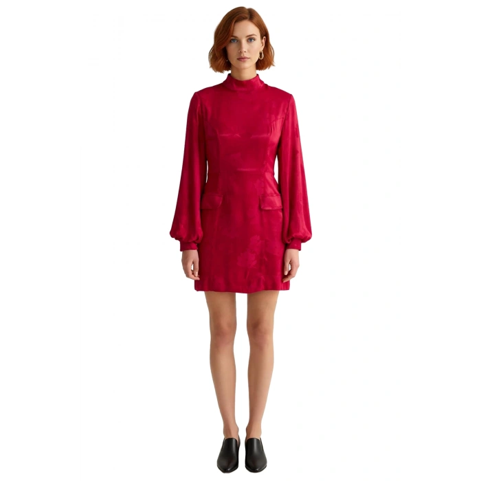 Kadın Mini A Kesim Dokuma Elbise Dik Yakalı Balon Kol Detaylı Şık Kışlık Gündüz Gece Kaliteli