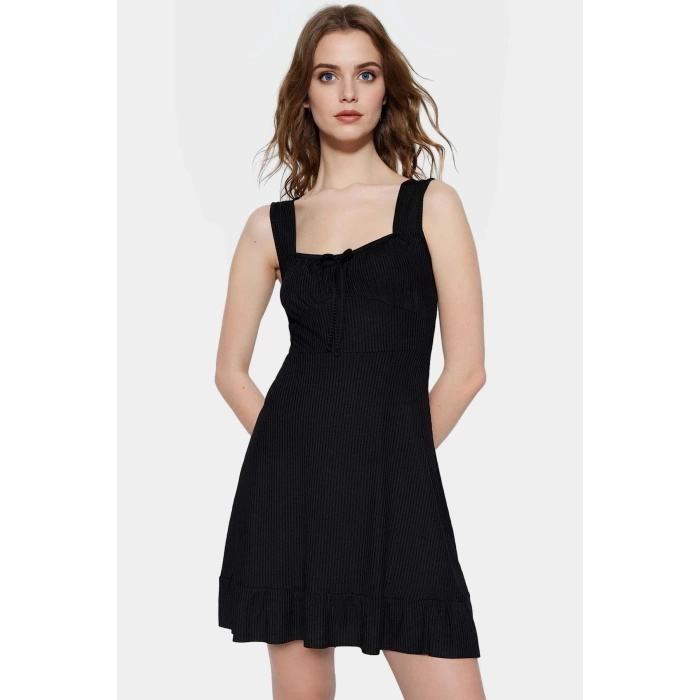 Kadın Mini A Line Kare Yaka Çiçekli Örme Elbise Yazlık Rahat Kombin Dayanıklı Malzeme Premium Kalite