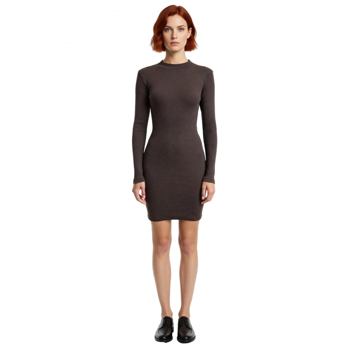 Kadın Mini Bodycon Örme Elbise Uzun Kollu Fitilli Tasarımıyla Bisiklet Yakalı Günlük Şıklık Sunuyor