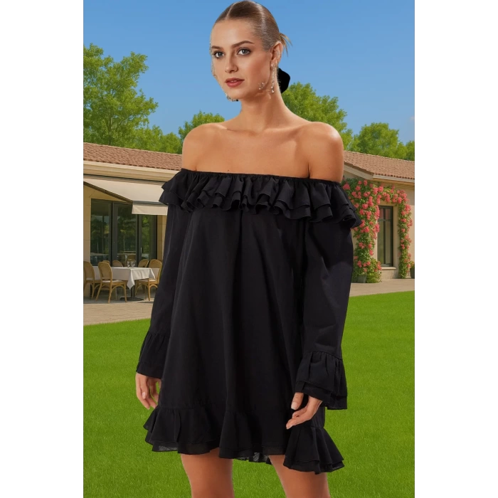 Kadın Mini Boy Carmen Yaka Flamlı Pamuk Plaj Elbisesi Modern Stil Premium Kalite