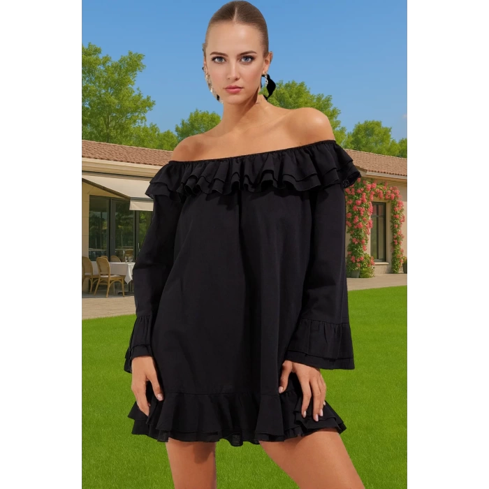 Kadın Mini Boy Carmen Yaka Flamlı Pamuk Plaj Elbisesi Modern Stil Premium Kalite