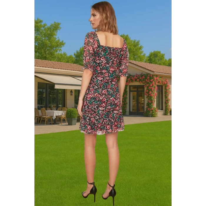 Kadın Mini Elbise Çiçek Desenli Tül Örme Yazlık Astarlı Premium Kalite Premium Kalite Seçkin Malzeme