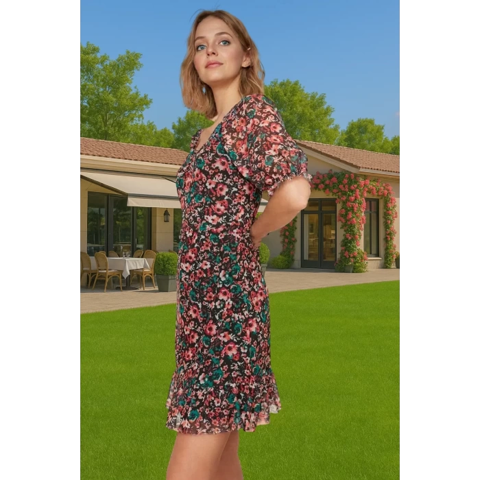 Kadın Mini Elbise Çiçek Desenli Tül Örme Yazlık Astarlı Premium Kalite Premium Kalite Seçkin Malzeme