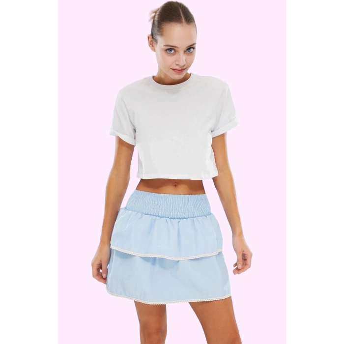 Kadın Mini Etek Terrycotton Kumaş Ekose Desenli Fırfırlı Şık Günlük Kullanım Modern Tasarım