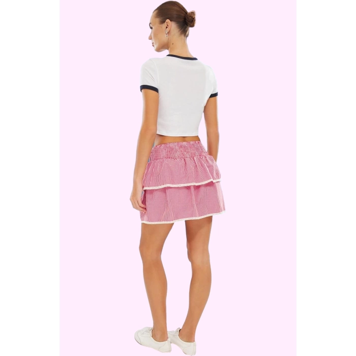Kadın Mini Etek Terrycotton Kumaş Ekose Desenli Fırfırlı Şık Günlük Kullanım Modern Tasarım