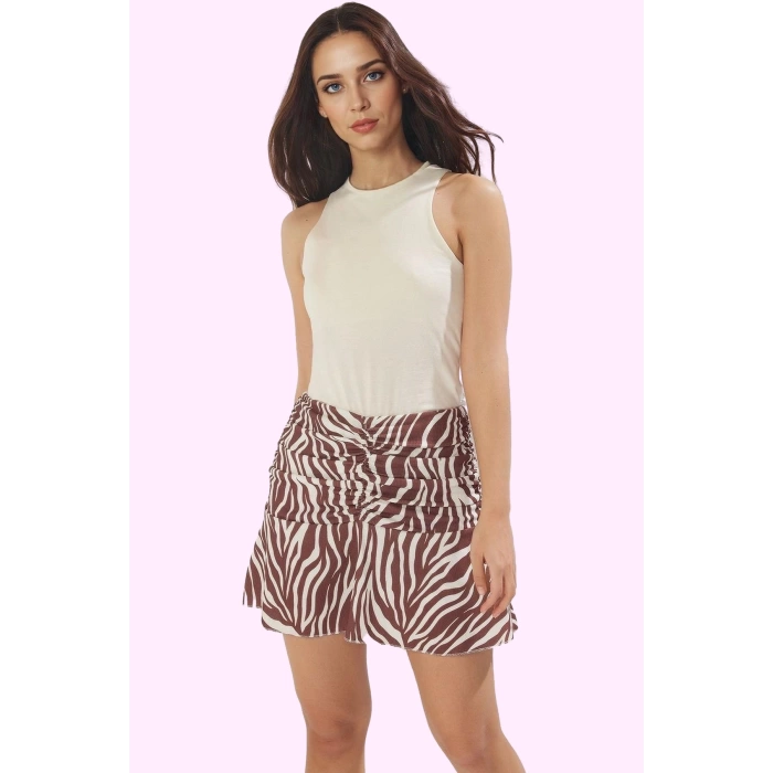 Kadın Mini Örme Etek Zebra Desenli Büzgü Detayı Kalem Yaz Günlük Kullanım Kaliteli Malzeme