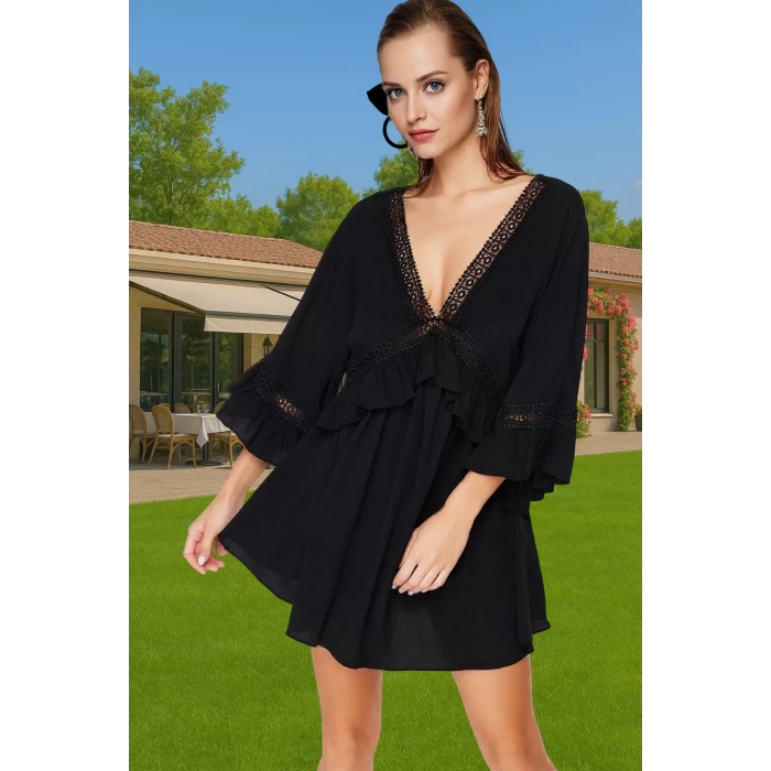 Kadın Mini Plaj Elbisesi V Yaka Büzgülü Kol Crinkle Dokuma Yazlık Zarifane Tasarım Modern Stil